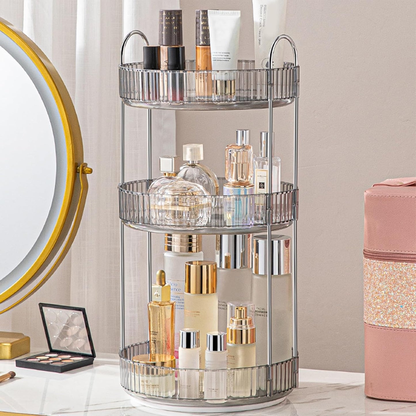 Rotating Makeup Organizer - 3 Tier Clear Cosmetic Holder for Vanity | Grey Perfume & Skincare Storage