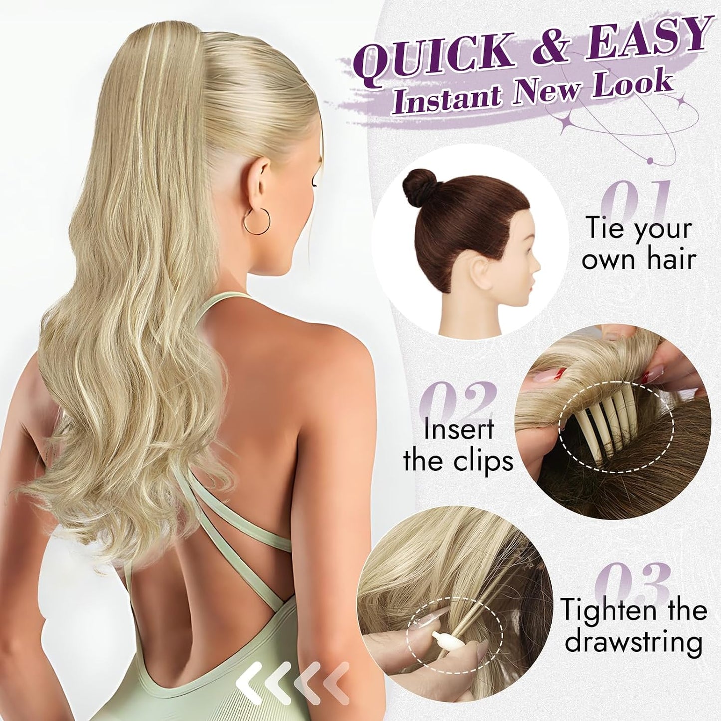 Platinum Blonde Wavy Drawstring Ponytail Extension - 20 Inch Clip-In Hairpiece for Women | Natural-Looking Curly Hair