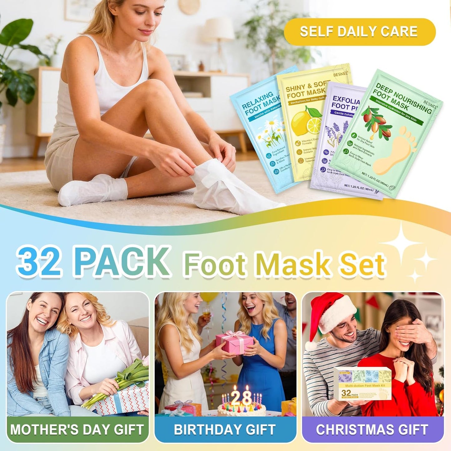 Moisturizing Foot Mask - 32 Pack Hydrating Socks for Dry, Cracked Feet | Soothing Skin Care Gift Set for Men & Women