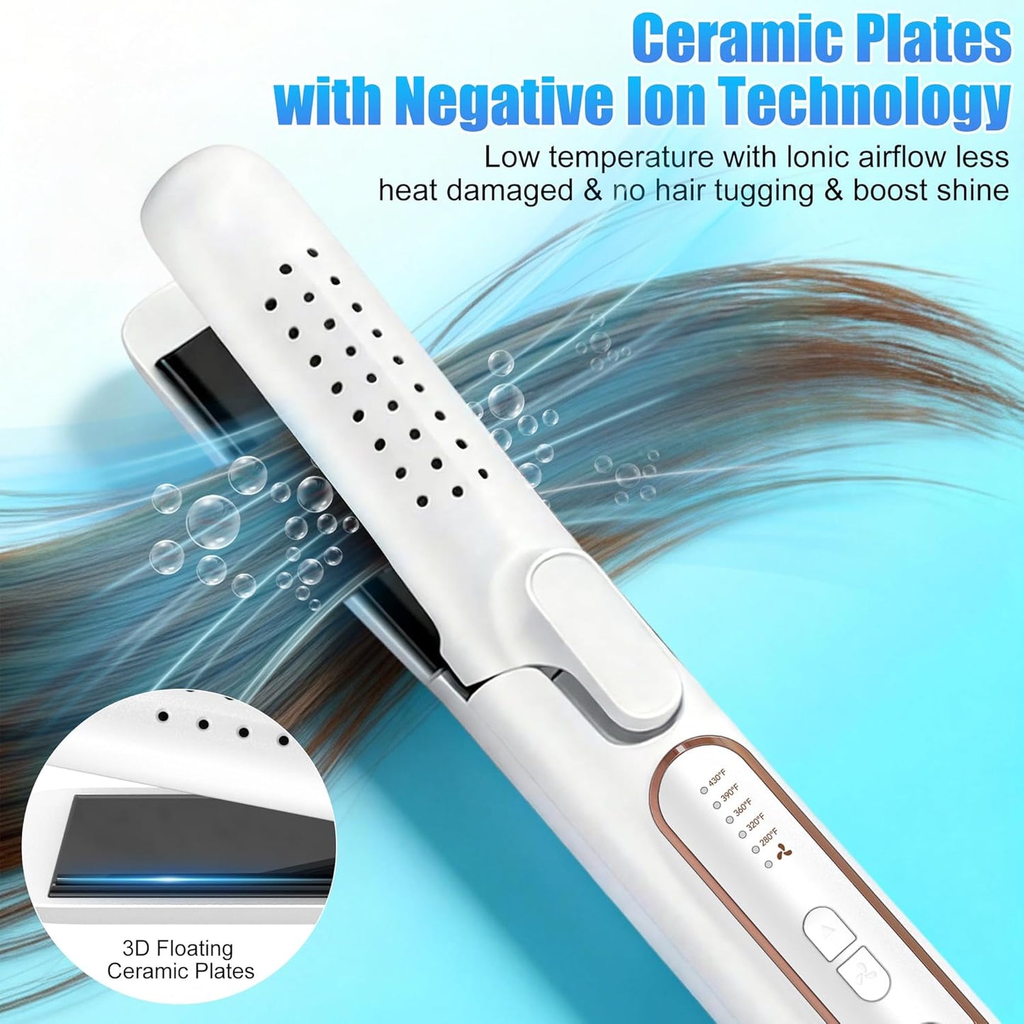 2-in-1 Curling Iron & Straightener - Ceramic Negative Ion Styler with 360° Airflow | 5 Temp Settings, Dual Voltage