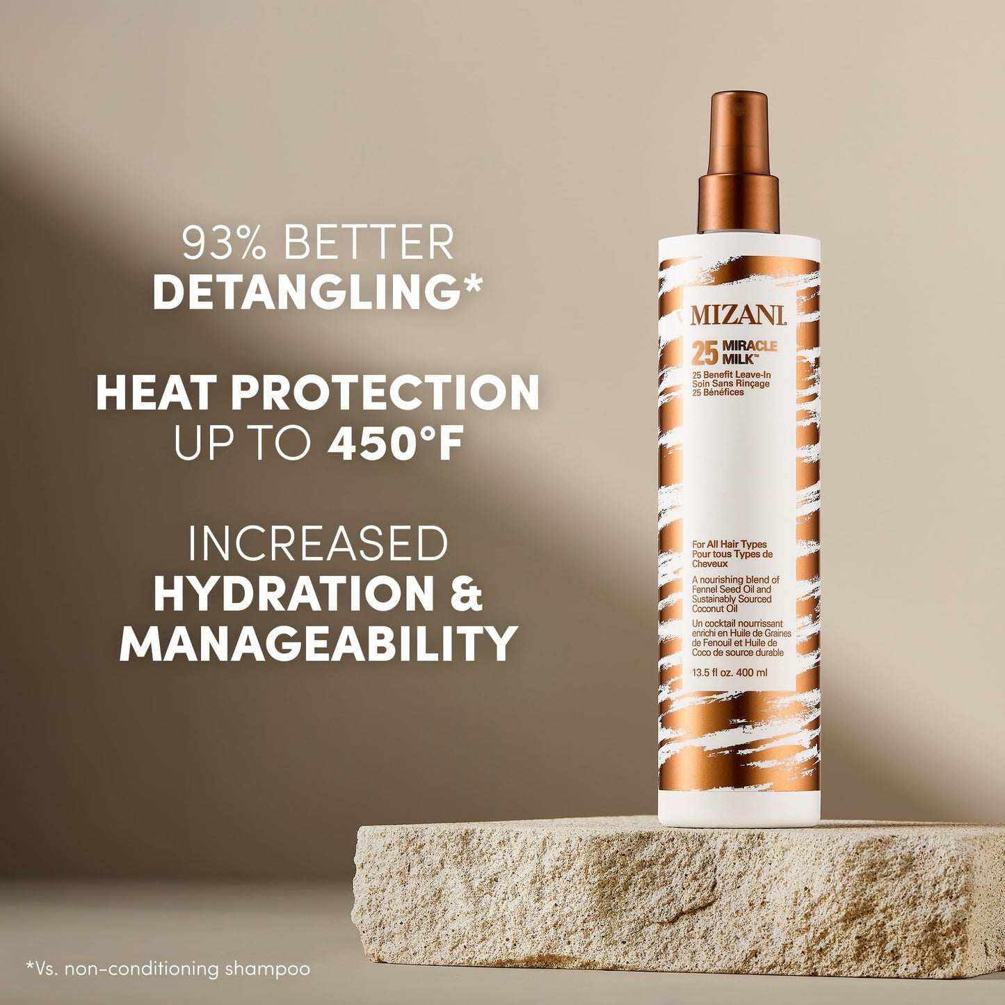 Mizani 25 Benefit Miracle Milk Leave-in Conditioner - Anti-Frizz Detangler Spray For Hair Shine, Heat Protectant, For Frizzy & Curly Hair, With Coconut Oil, 13.5 Fl Oz