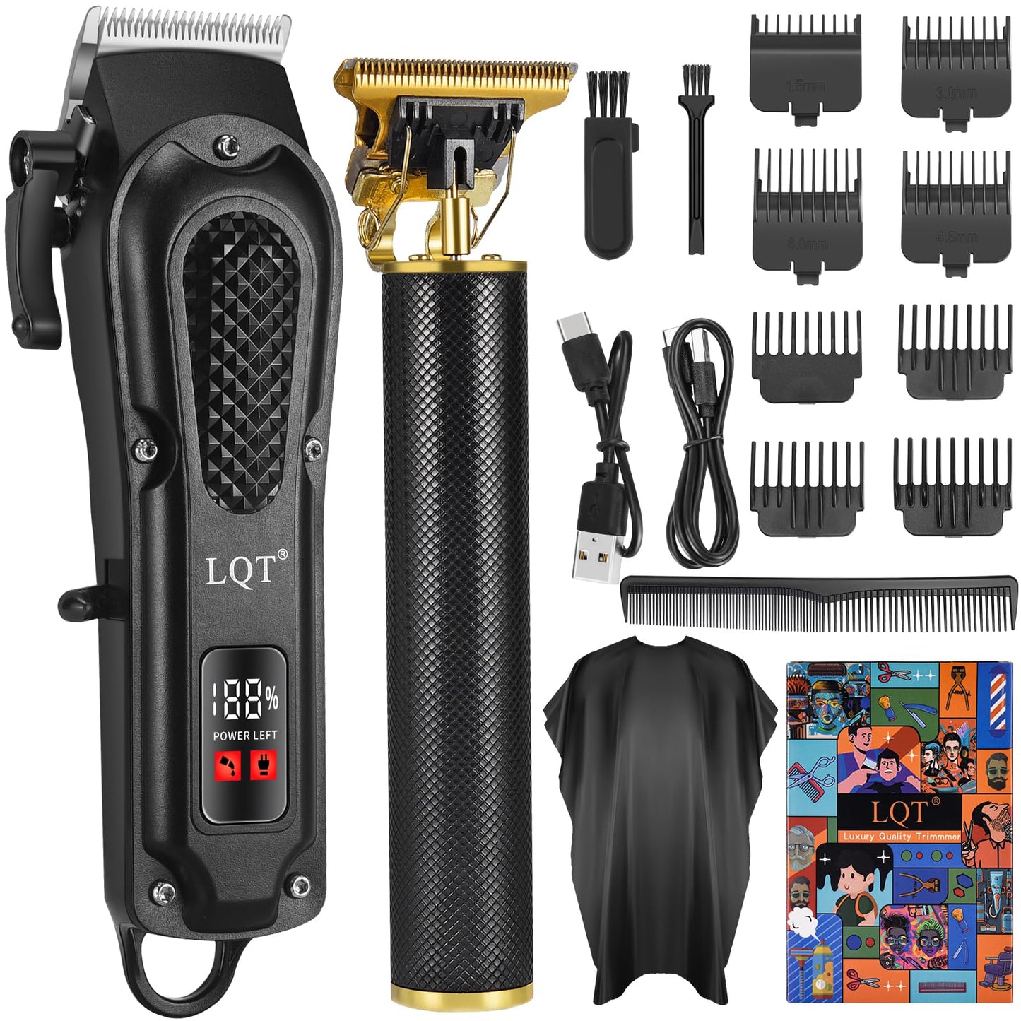 LQT® Men's Professional Hair Clippers Kit，Cordless & Corded Barber Clippers Set，Grooming Rechargeable Beard Trimmer with Adjustable Blade Black