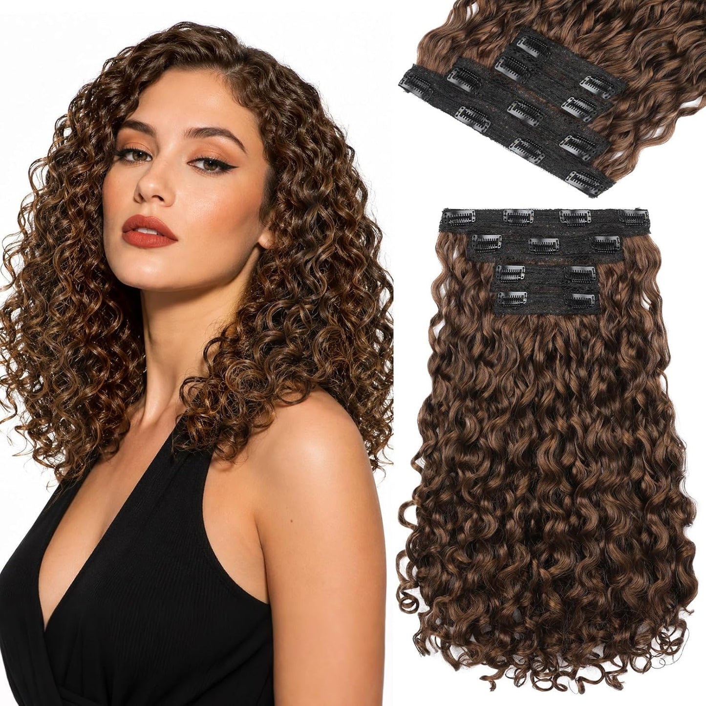 Curly Hair Extensions - 4PCS 18" GoGo Curly Clip-Ins | 100% Protein Hairpieces, Honey Blonde Highlights