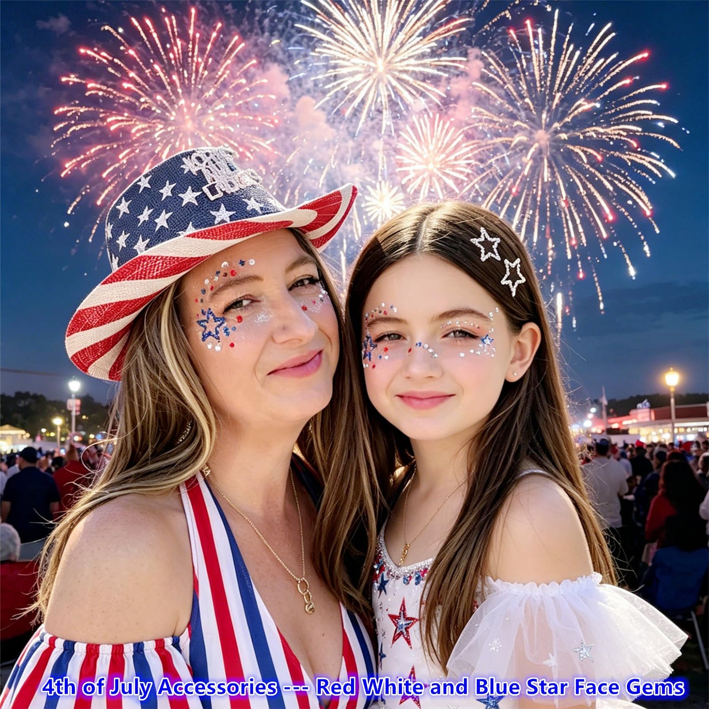 Go Ho 4th of July Star Face Hair Gems,4 Sheets of Self Adhesive Face Jewels for Women,Red White and Blue Gem Stickers Face Eye Rhinestones,Rhinestone Stickers 4th of July Patriotic Gems (02 Style)