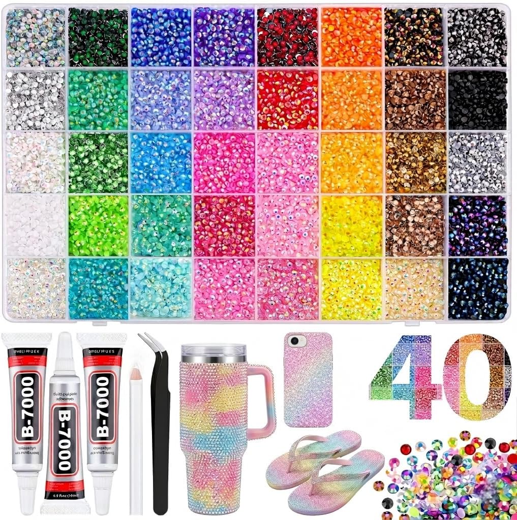 Resin Jelly Rhinestones Bedazzling Kit - 40,000 Pcs 3mm Sparkly Flatback Gems with Glue & Tools | Perfect for Nail Art, DIY Crafts, and More