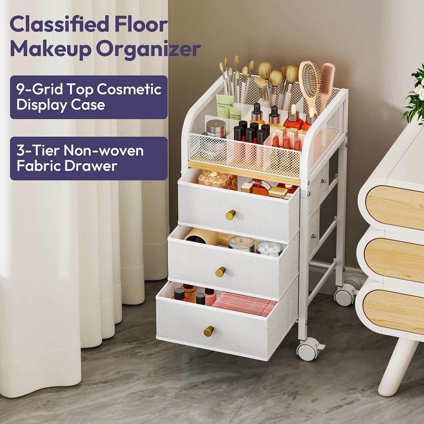 Rolling Makeup Organizer Cart - Under Desk Vanity Storage with 3 Drawers | Cosmetic Display & Nail Tool Cabinet