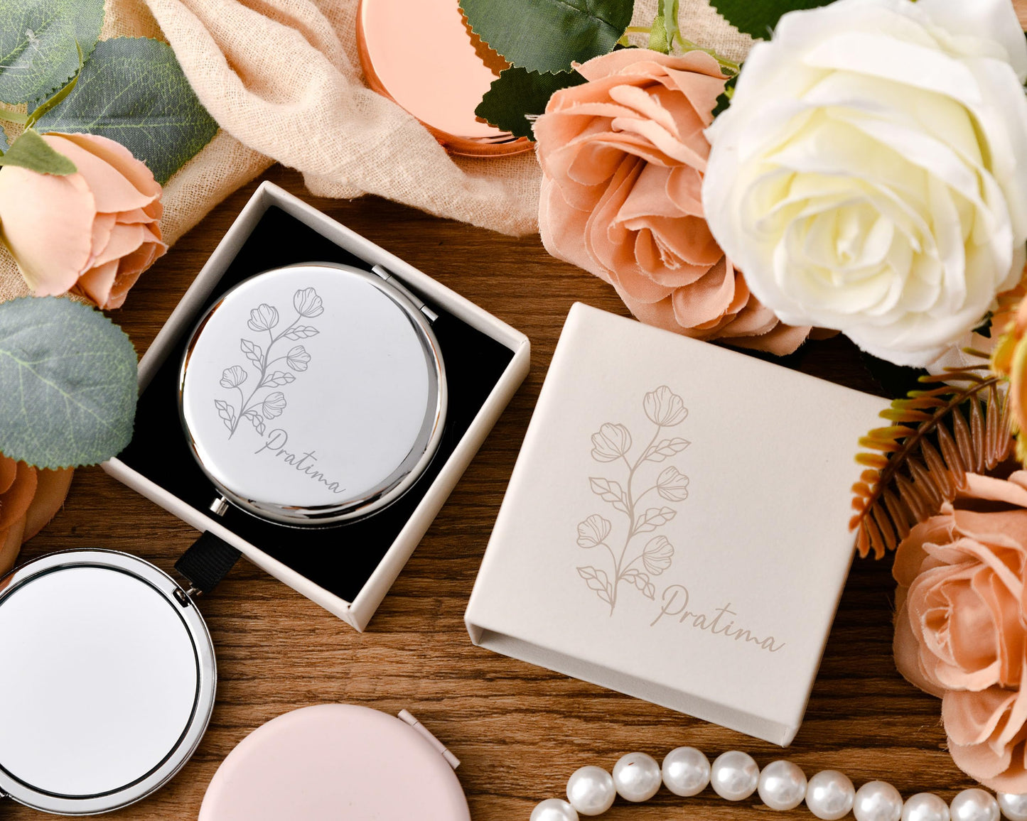 Personalized Bridesmaids Mini Makeup Mirror - Custom Engraved Wedding Favor - Elegant Compact Mirror -Bridal Party Gifts Bridesmaids Gifts