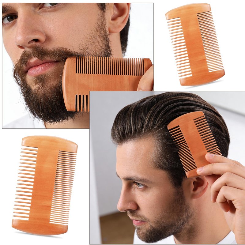 6 Sets Grooming Kit for Men - Natural Boar Bristle Brush, Pear Wood Dual-Sided Wide Tooth Comb, and Travel Pouch (Oval Shape) for Beard Care