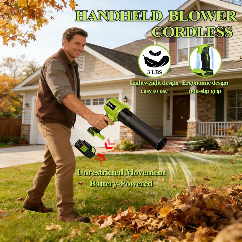 Plymax Cordless Leaf Blower, 800,000 RPM Electric Leaf Blower, Handheld Leaf Blower Cordless with 2×4.0Ah Batteries & Charger,Air Blower with 2-Speed Nozzles for Patio,Lawn Care,Dust,Snow & Car Drying