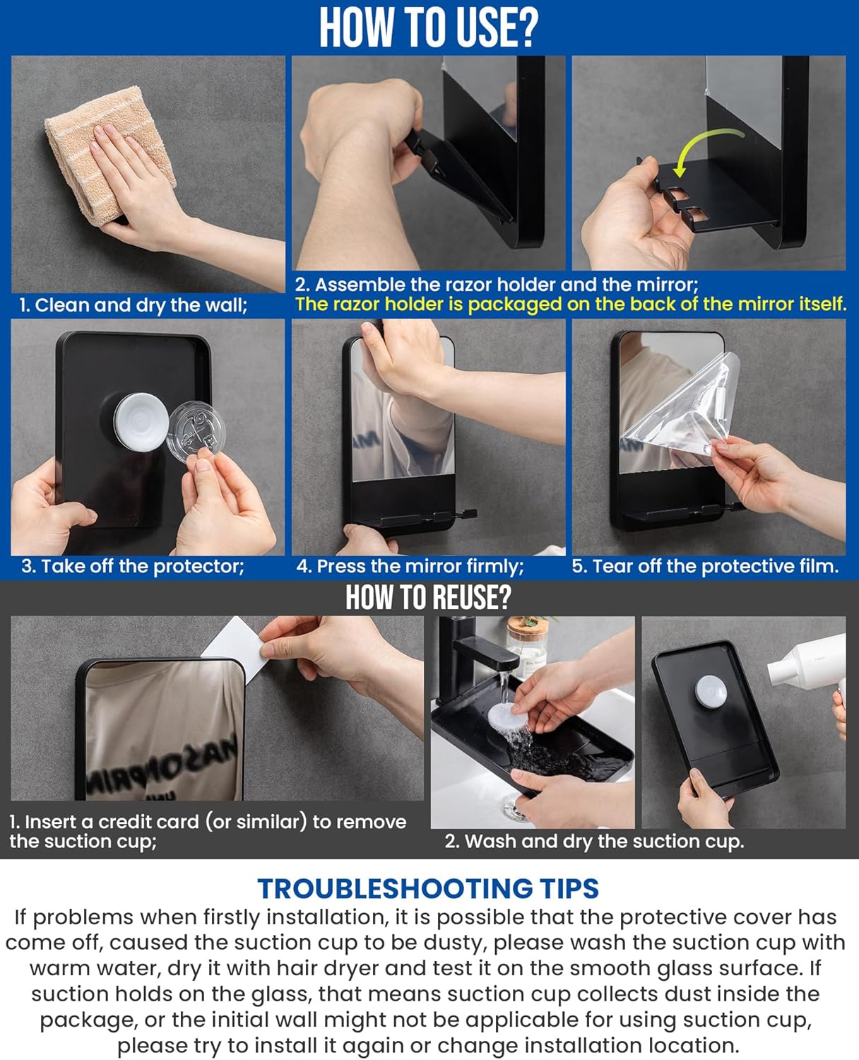 Fogless Shower Mirror for Shaving - Suction Cup, Removable & Shatterproof | Anti-Fog Bathroom Accessory, Black