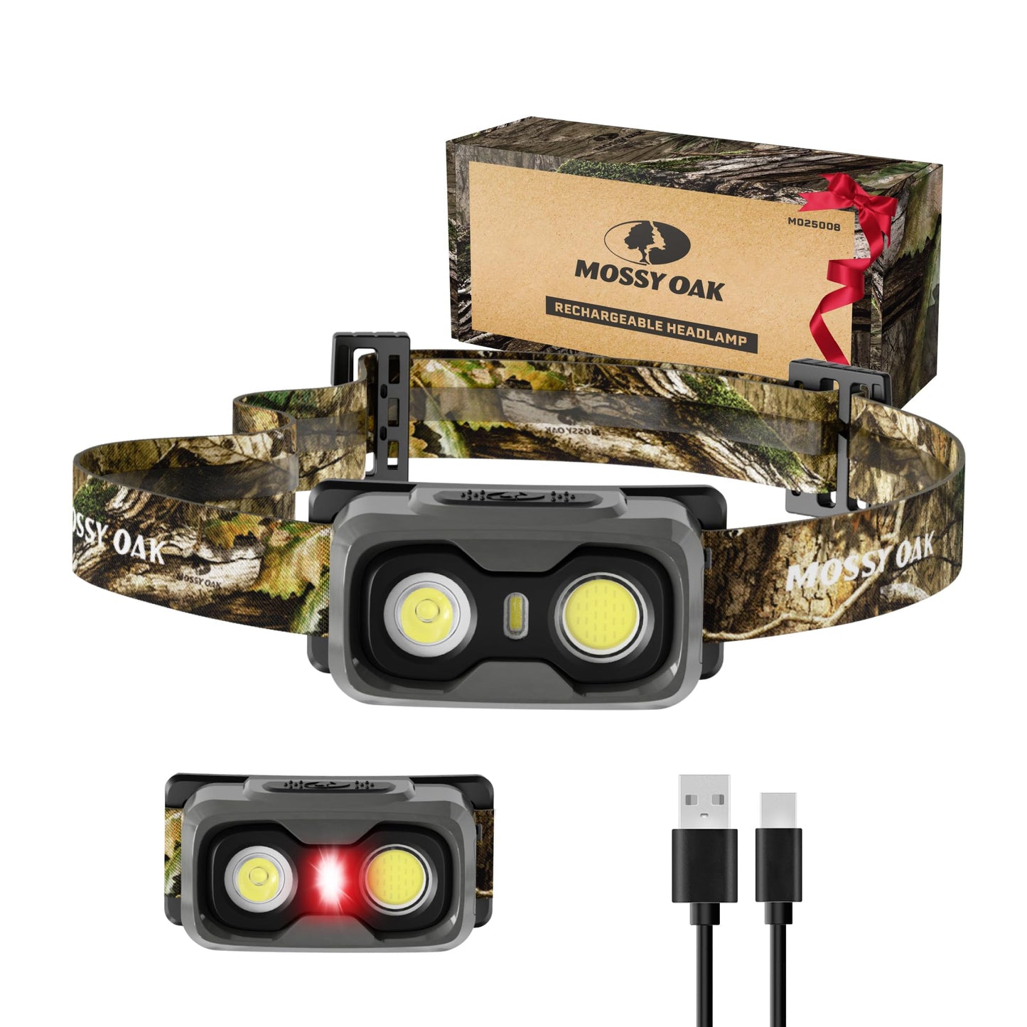 Mossy Oak 600 Lumens Rechargeable Headlamp, Lightweight LED Headlight with White & Red Light, Waterproof Head Lamp with Non-Slip Band, Dimmable & Memory Function for Hunting, Camping, Power Outage