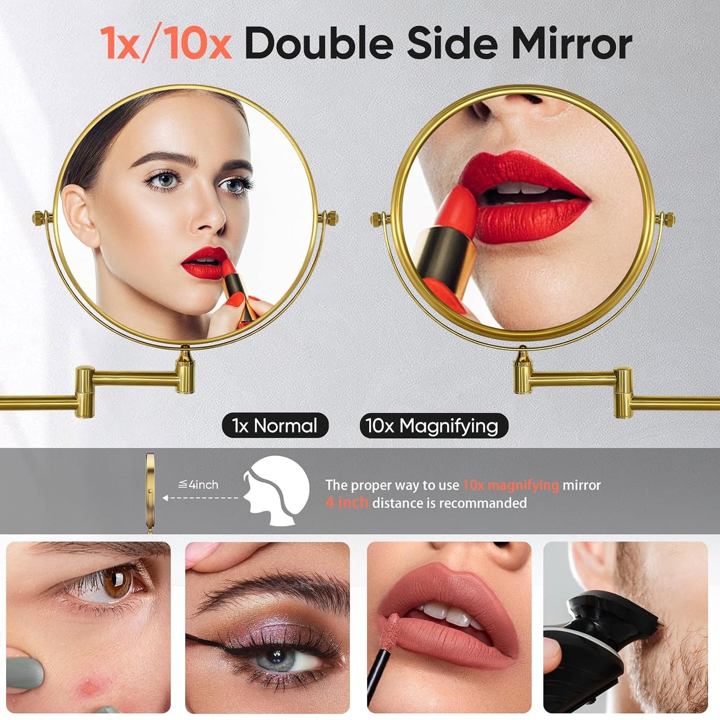 GURUN 8" Wall Mounted Makeup Mirror - 10X Magnification, Two-Sided Swivel, Brushed Gold Finish | Ideal for Women & Moms