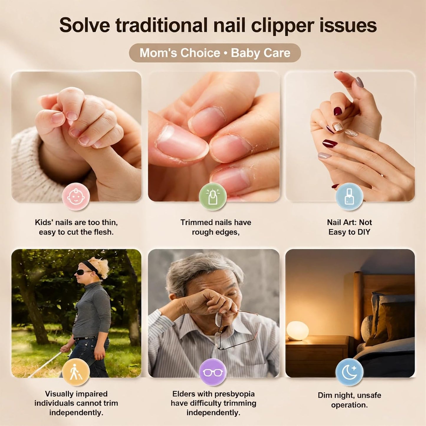 Electric Nail File & Trimmer for Seniors & Babies - Rechargeable, Quiet, LED Light, Multiple Speeds, Built-in Storage