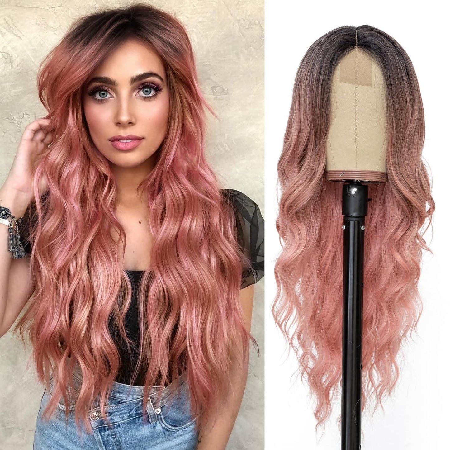 NAYOO Brown Wigs for Women - Long Curly Wavy Hair | Heat Resistant Synthetic Fiber, 24 Inches