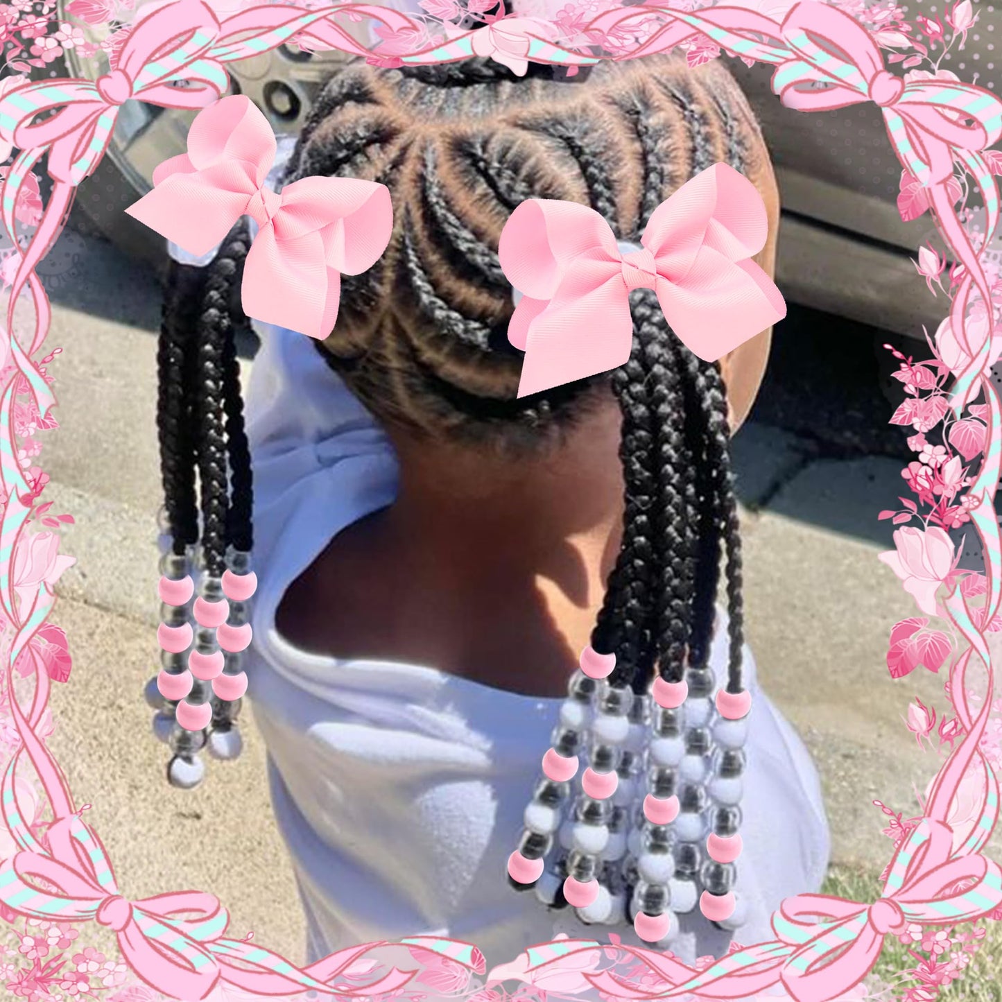 NAISKA 62PCS Pink Valentine's Day Hair Beads 4.7inch Bow Hair Clips Cute Beads for Hair Braids Kids Girls Hair Bow Braids Jewelry Loc Accessories for Kids Girls