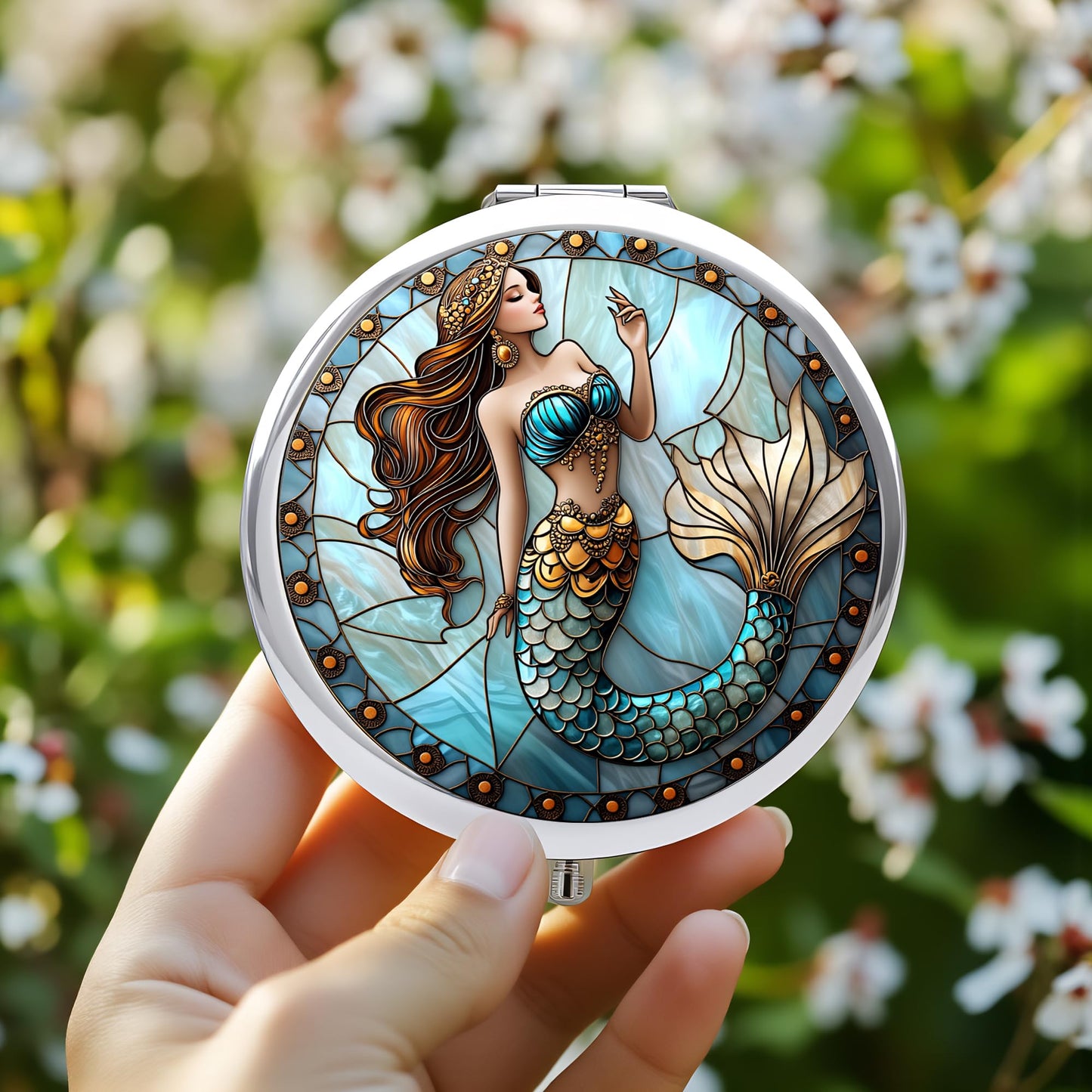 Silver Compact Mirror, 2.8x2.8inch Double-Sided Folding Makeup Mirror with Golden Tail Mermaid Design, Ideal Gift for Women