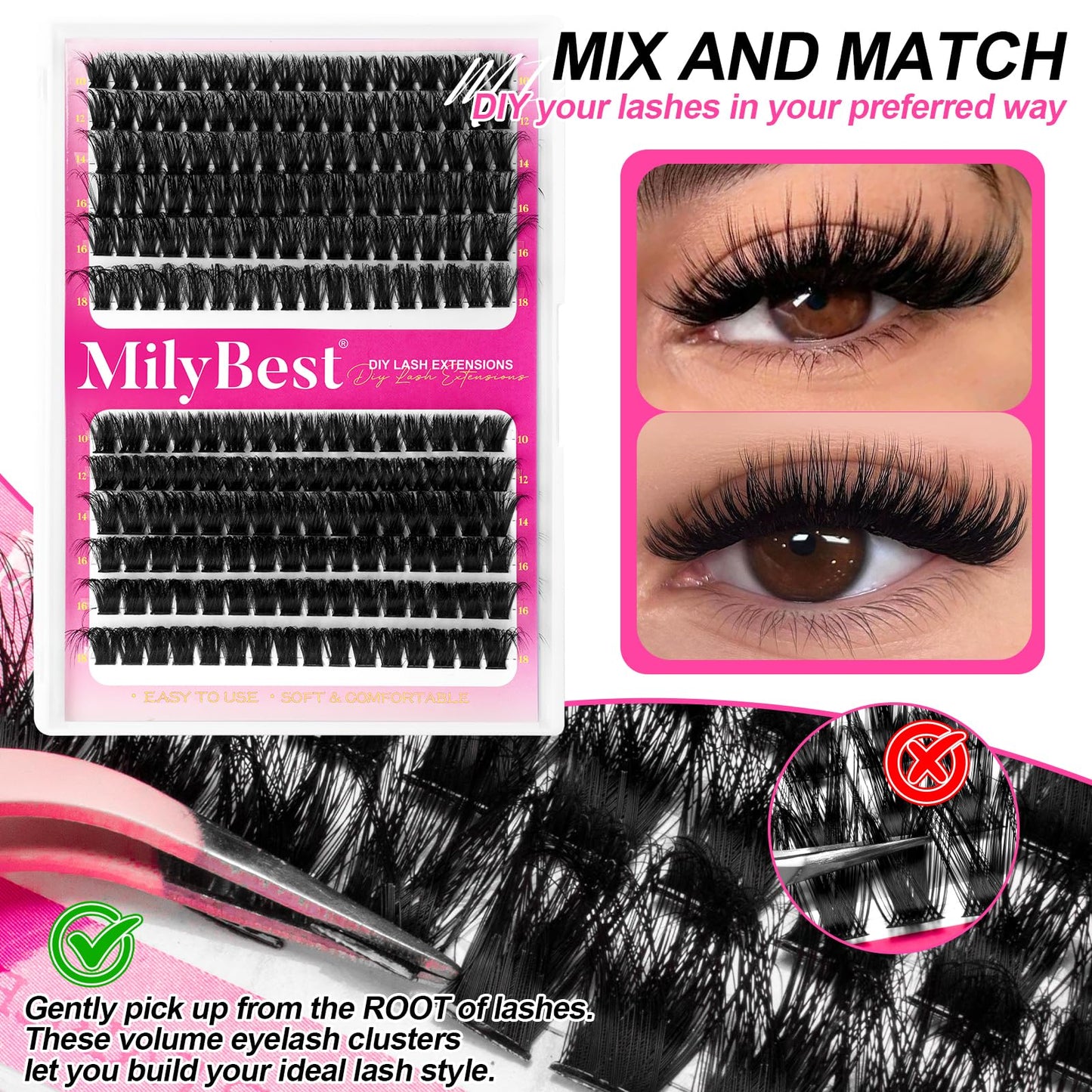 MilyBest Lash Clusters Kit Wispy, 10-18mm Fluffy Volume 80D 100D Eyelash Clusters D Curl - Reusable DIY Lash Extension Kit for Beginners, Thick Cluster Eyelash Extensions with Bond and Seal Tweezers