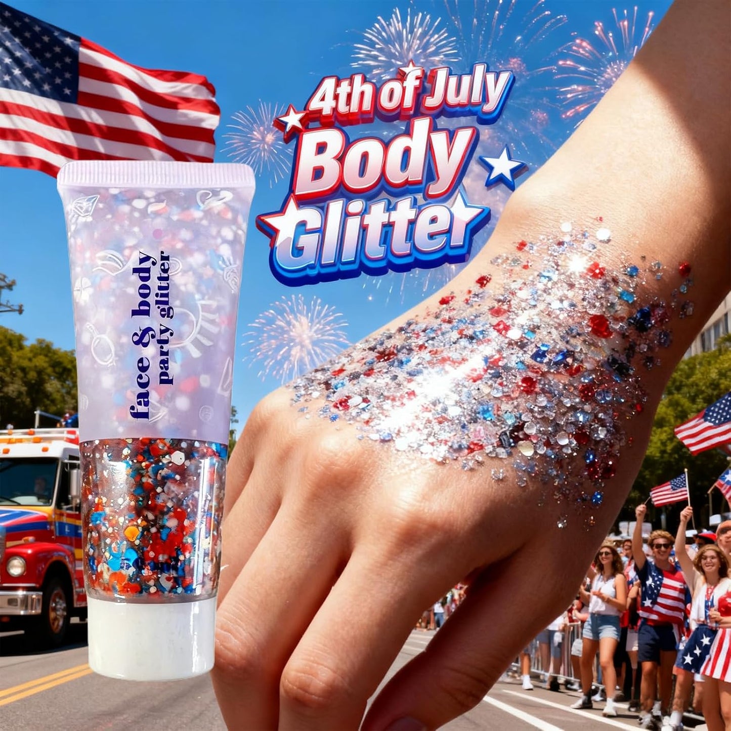 USA Flag Glitter Hair & Body Makeup - Perfect for 4th of July Celebrations | Red, White & Blue