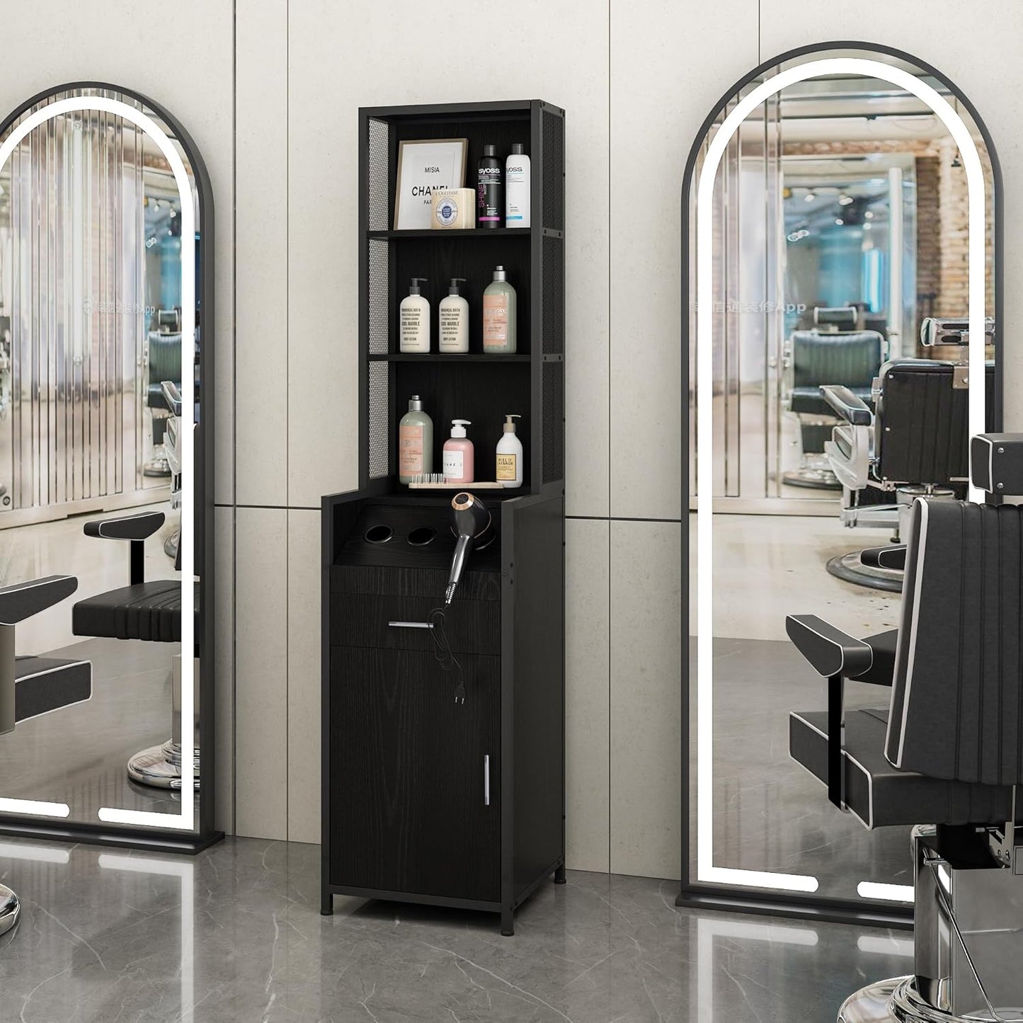Reusable Salon Station for Hair Stylists | Barber Station with 3 Hot Tool Holders & Storage Shelves - Black