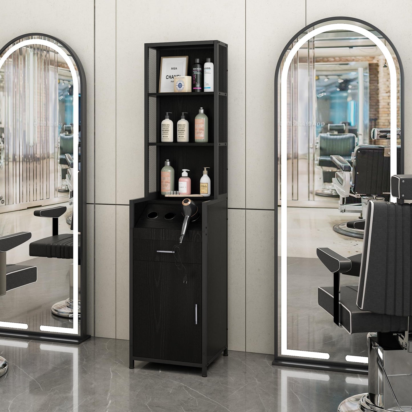BARBsocial Reusable Salon Station for Hair Stylist, Barber Station with 3 Hot Tool Holders & Hair Storage with Shelves - Salon, Spa Furniture - Black