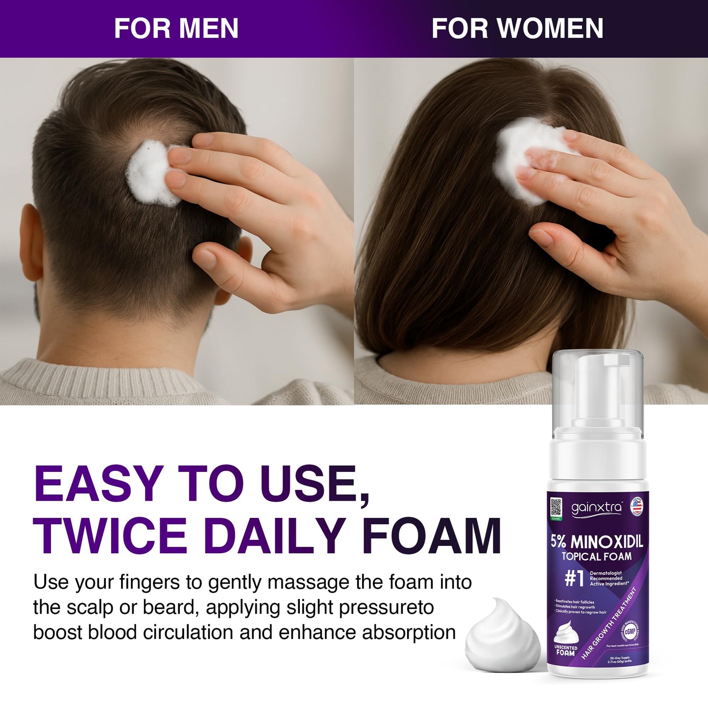 5% Minoxidil Topical Foam for Men & Women - Hair Regrowth Treatment with Minoxidil Foam Mens for Thicker, Fuller Hair - Minoxidil for Men & Women Hair Loss Treatment (Pack of 3)