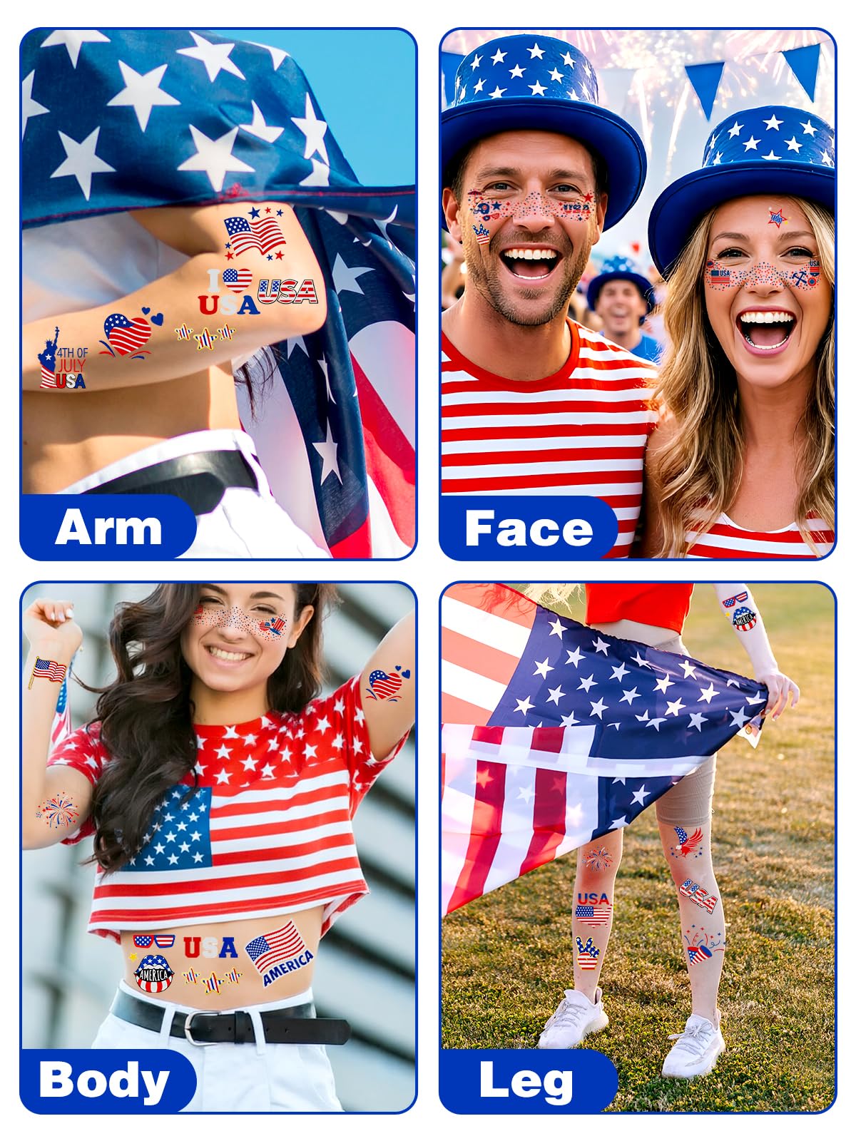 Itscolofy 4th of July Glitter Freckle Tattoos, Patriotic Temporary Tattoos Stickers, 4th of July Accessories for Women, Red White and Blue USA Flag Star Freckles for Independence Day 250th Party 36PCS