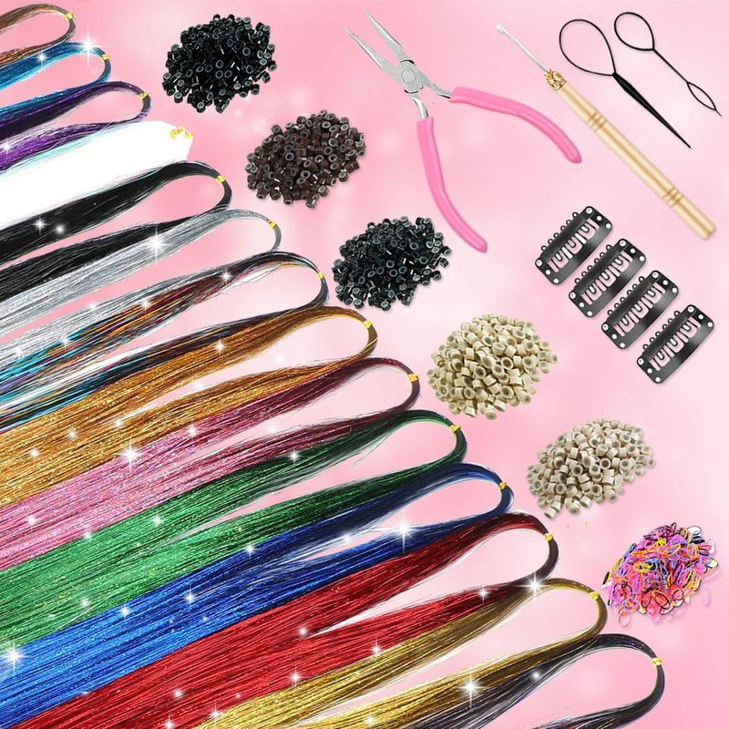 Hair Tinsel Kit - 48 Inch 8000 Strands Heat Resistant Glitter Extensions | 20 Color Options for Sparkling Hair Effects