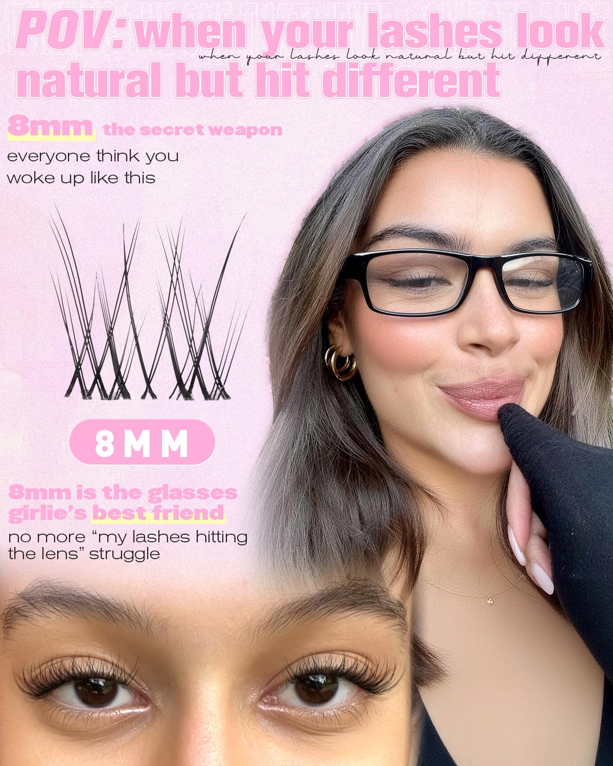 Natural Lash Clusters - 8mm Wispy Eyelash Extensions with Soft Clear Band | Glasses Friendly