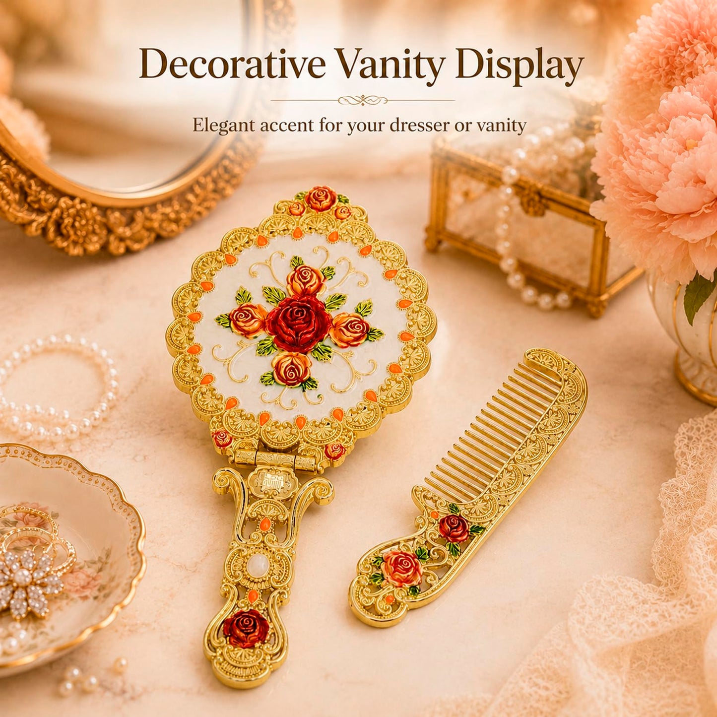 Vintage Hand Mirror Comb Set - Antique Vanity Handheld Makeup Mirror, Gold