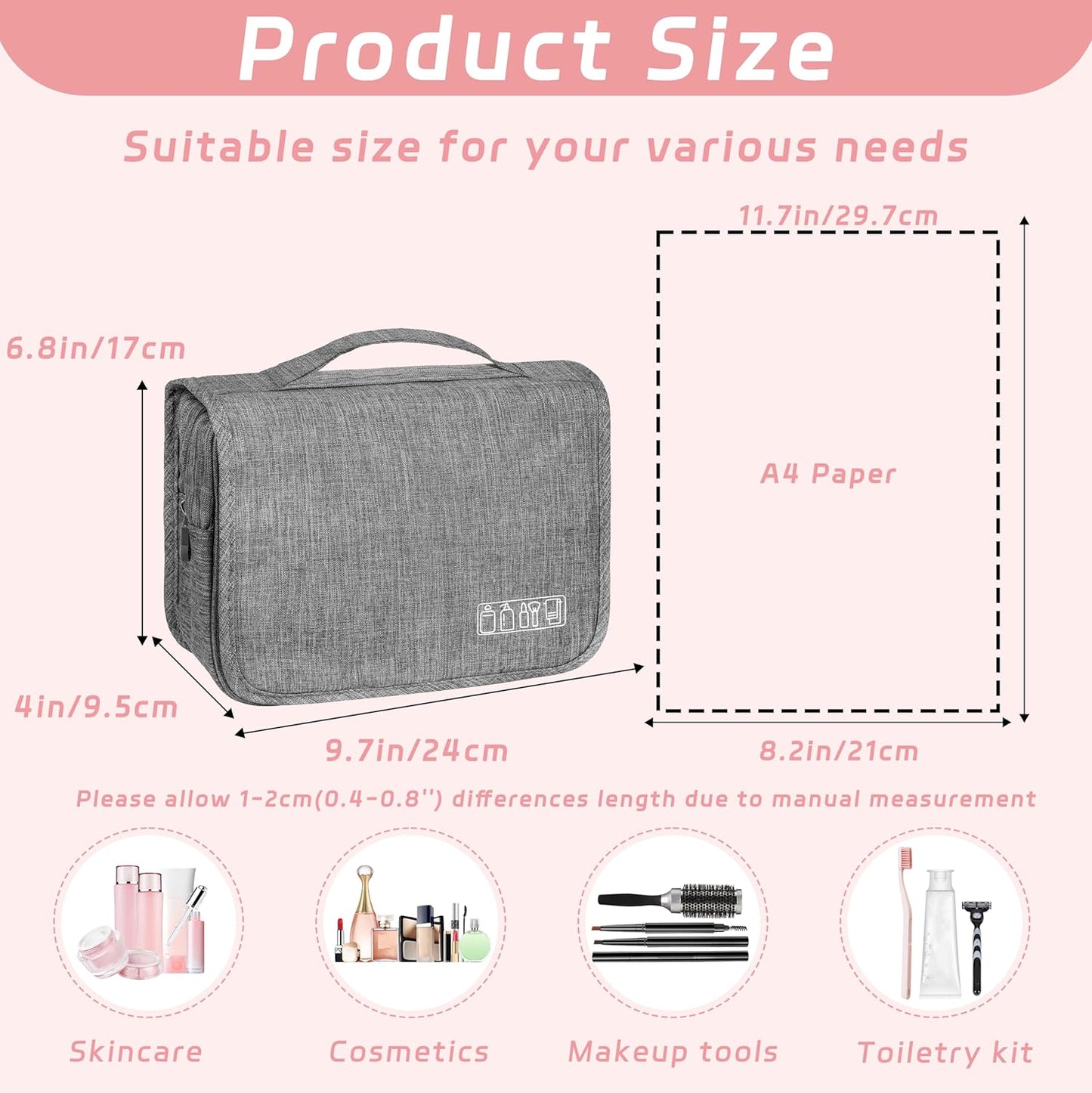 Toiletry Bag - Waterproof Hanging Travel Organizer for Men & Women | Small Cosmetic Makeup Bag (Grey)