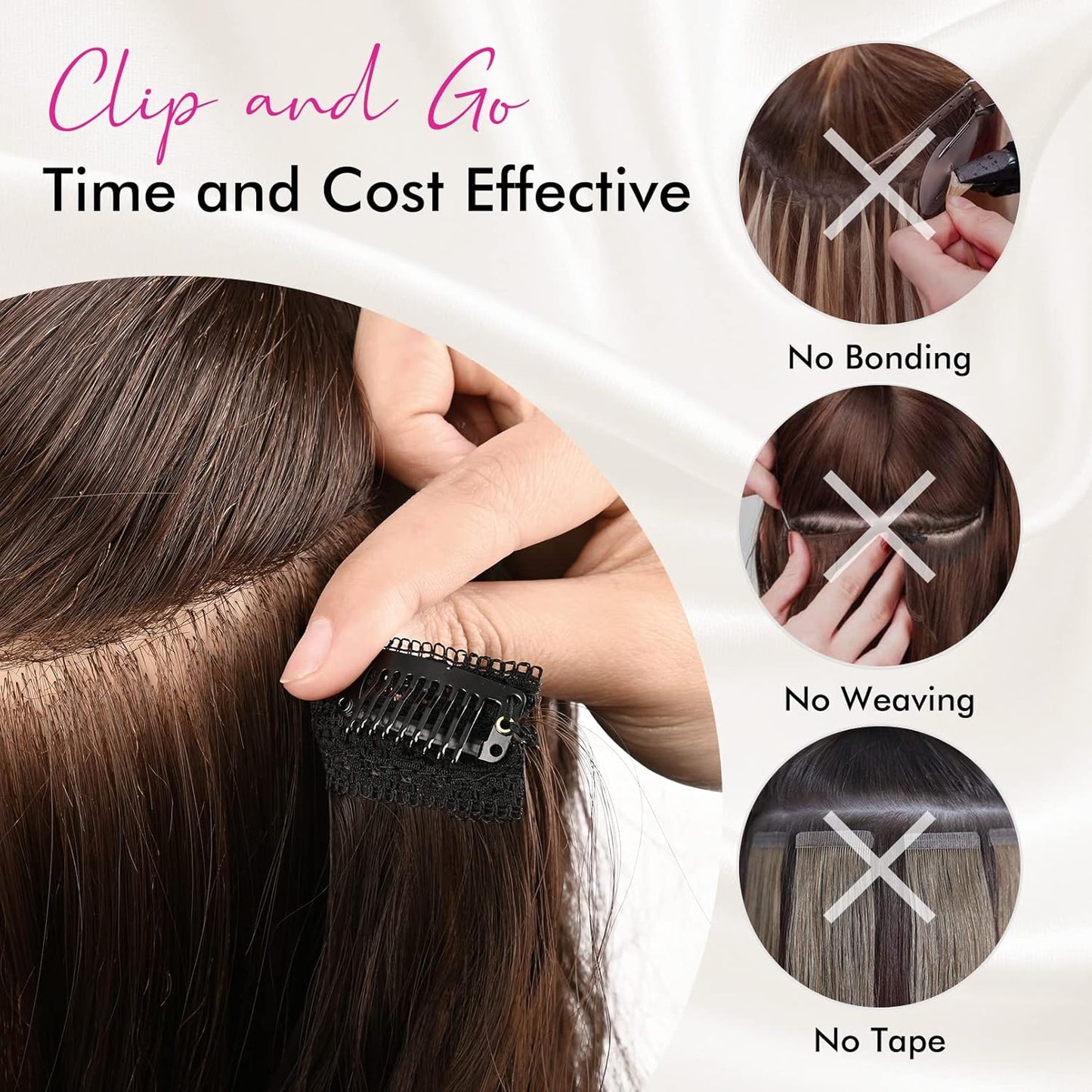 Clip-In Hair Extensions - 24" Thick Brown Loose Waves | Invisible Lace Weft for Natural Look