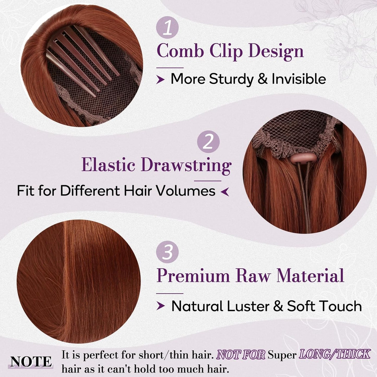 Auburn Ponytail Extension - 16 Inch Straight Drawstring Hairpiece | Soft Synthetic for Daily & Party Use
