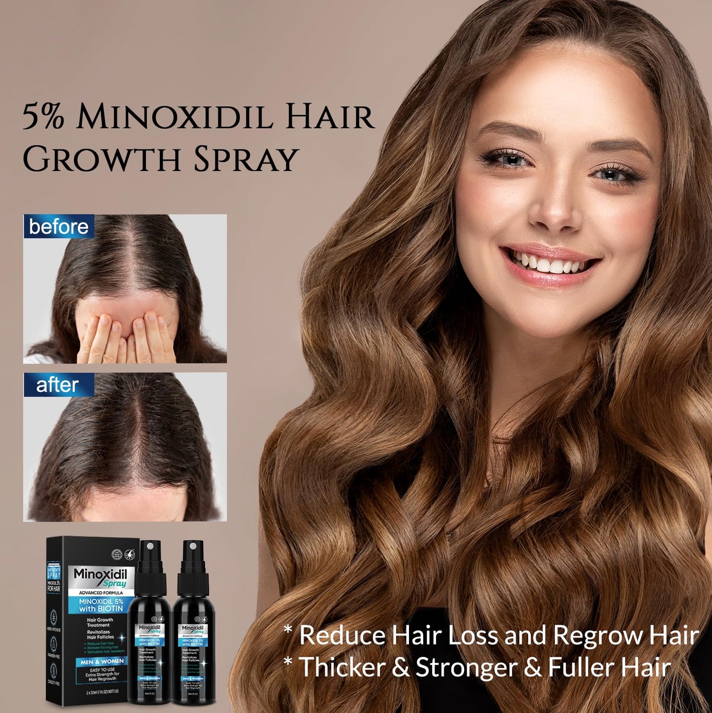5% Minoxidil for Men Beard and Hair, Minoxidil for Women Hair Growth Spray with Biotin & Castor Oil, Strengthens Weak Roots, Repairs Thinning Hair Spray (180ml, 6PCS-Spray)