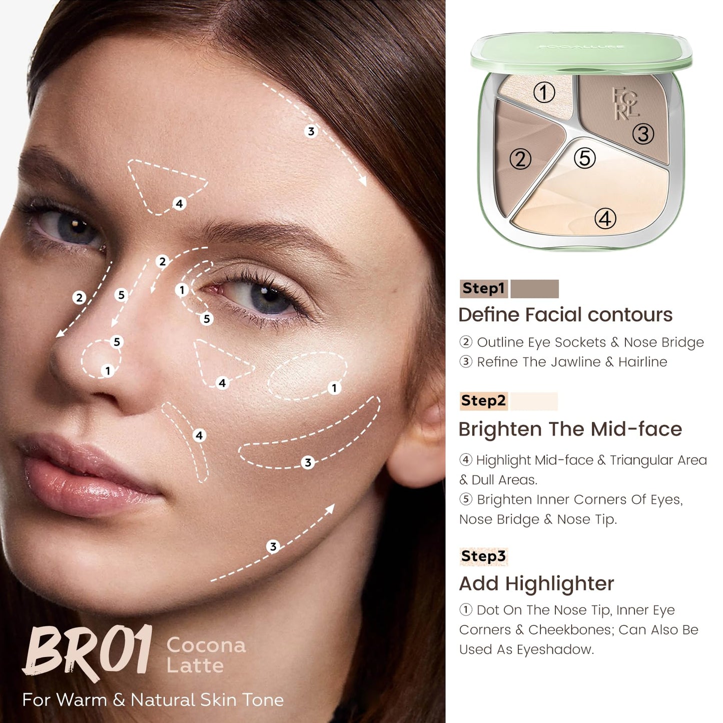 FOCALLURE 4-Color Contour Palette with Gradient Highlighter & Matte Finish - 3D Radiant Makeup for All Skin, Long-Lasting Highlight and Natural Contour Kit