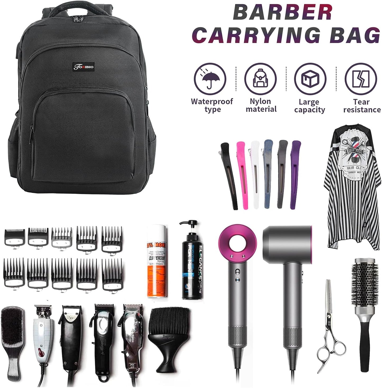 Barber Supplies Bag - Portable Backpack for Clippers & Tools with USB Port | Black