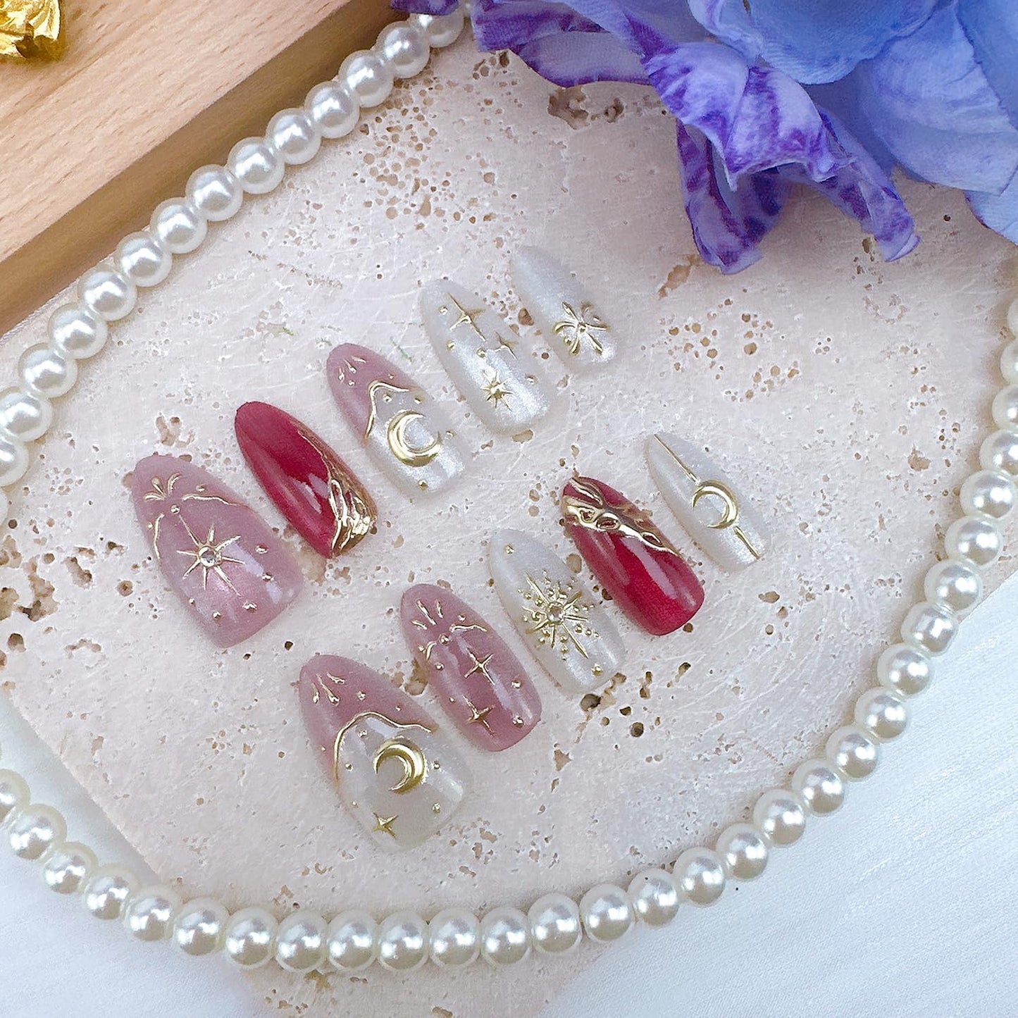 Almond Press-On Nails - Medium Length Pink French Tip with Gold Stars & Moon | 30 Pcs Full Cover Acrylic Nail Set for Women