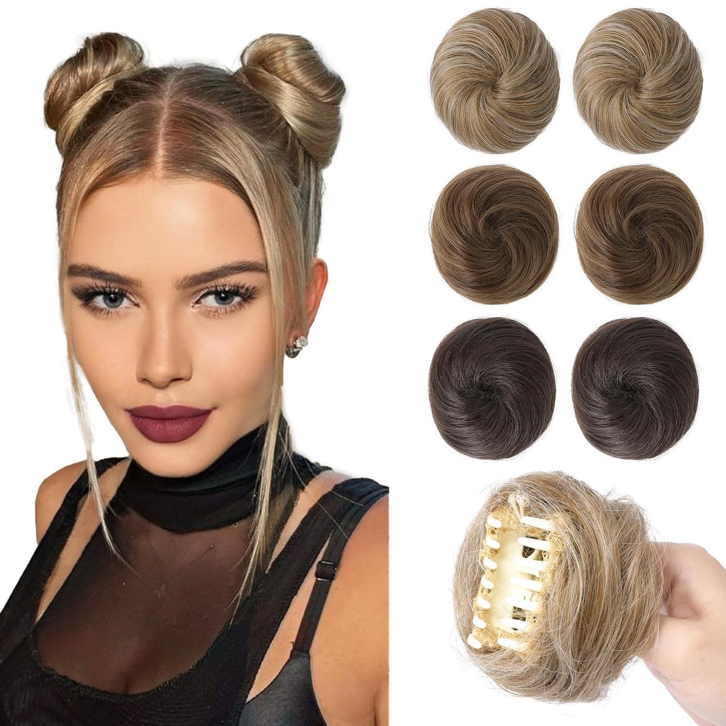 REECHO Mini Claw Clips - Messy & Cat Ears Hair Bun Extensions | 2-Pack, 3.5" Wavy, Natural Black