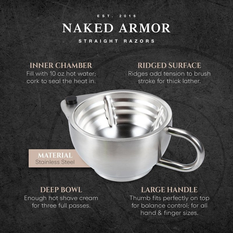 Naked Armor Silver Fox Shaving Scuttle Mug Kit With Shavette - Double Walled Stainless Steel Shaving Bowl with Shavette Straight Razor, Shaving Brush, and Organic Shave Soap - Hot Lather Wet Shave Set