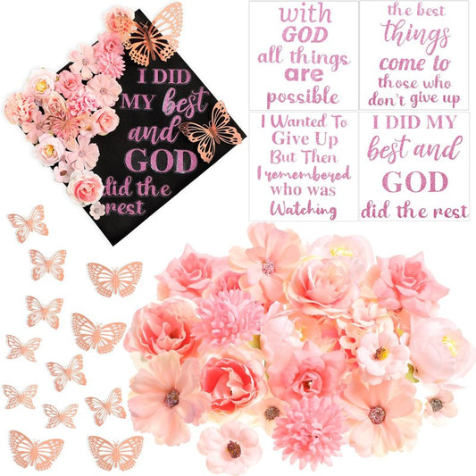 Feifeiya 36 Pcs DIY 2026 Graduation Cap Decorations Accessory Kit Include Faux Flower Heads Graduation Quotes Glitter Stickers 3D Butterfly for Grad Cap Topper DIY Gift(Pink,Inspirational)