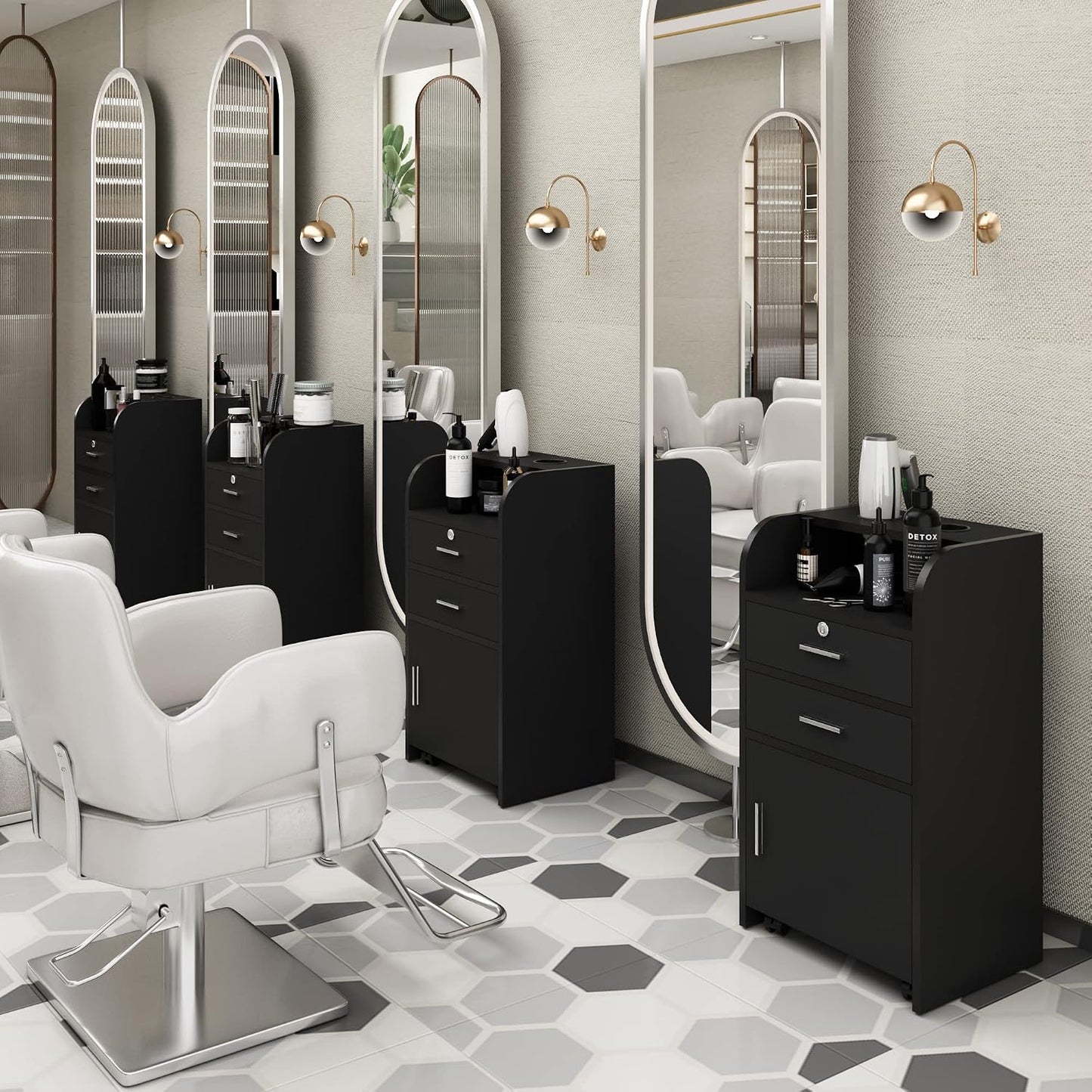Hair Salon Station - Mobile Trolley Cart with Locking Drawer & 2 Hair Dryer Holders | Black