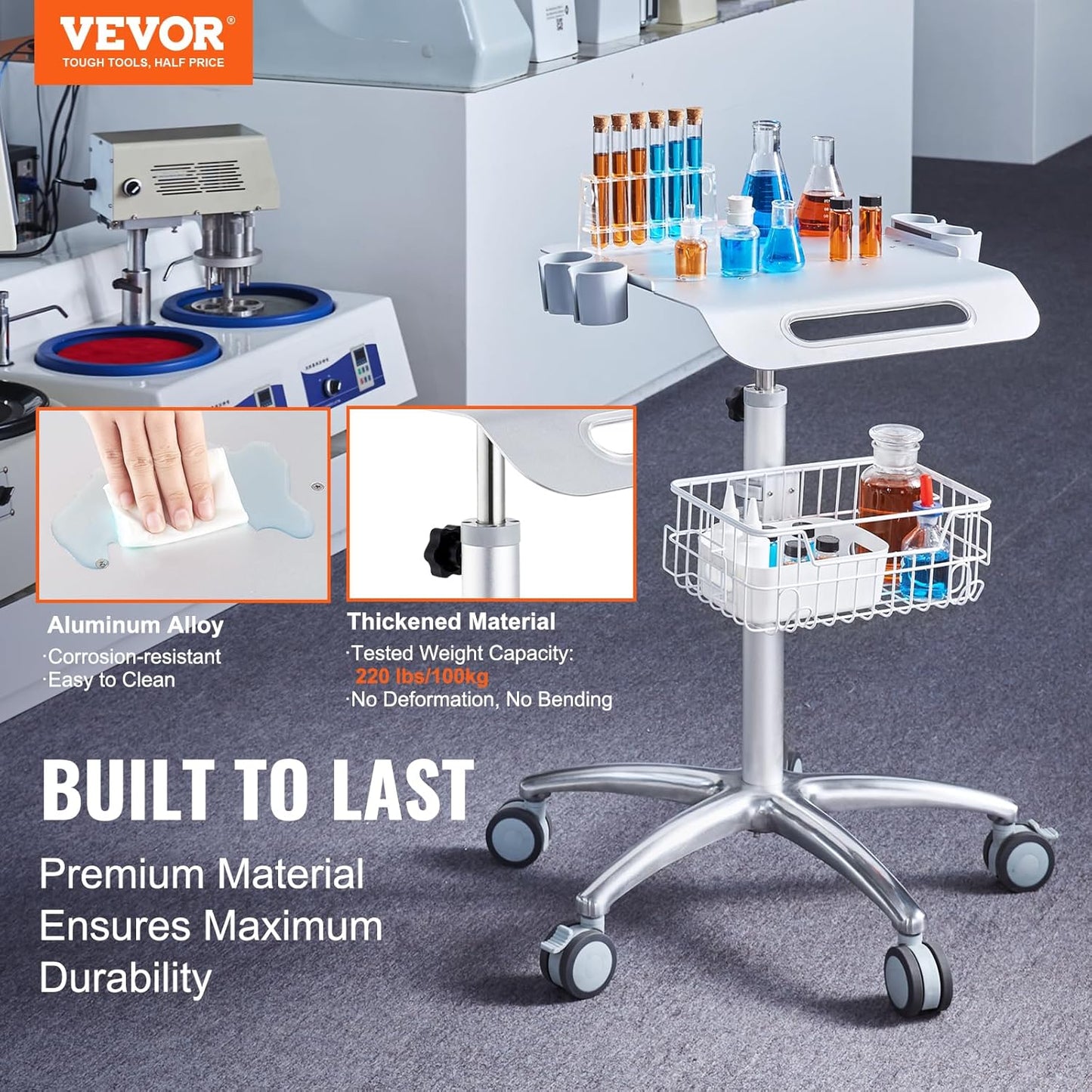 VEVOR Medical Trolley - Height Adjustable Stainless Steel Rolling Cart with Storage Basket | 19" x 17" Tabletop for Ultrasound, Dental, EKG, Lab