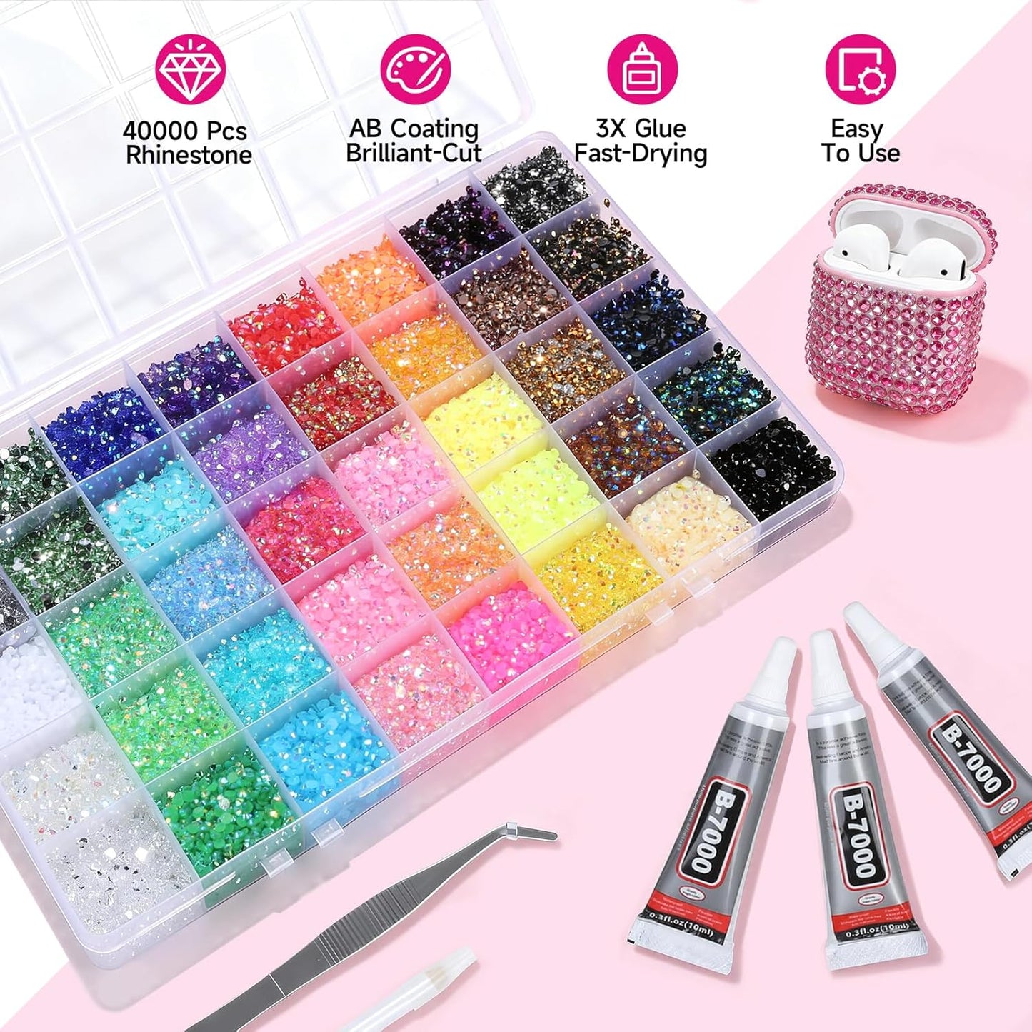 4mm Resin Rhinestones Kit - 40,000 Pcs for Nail Art & Crafts | Includes B7000 Glue, Tweezers & Pickup Pen