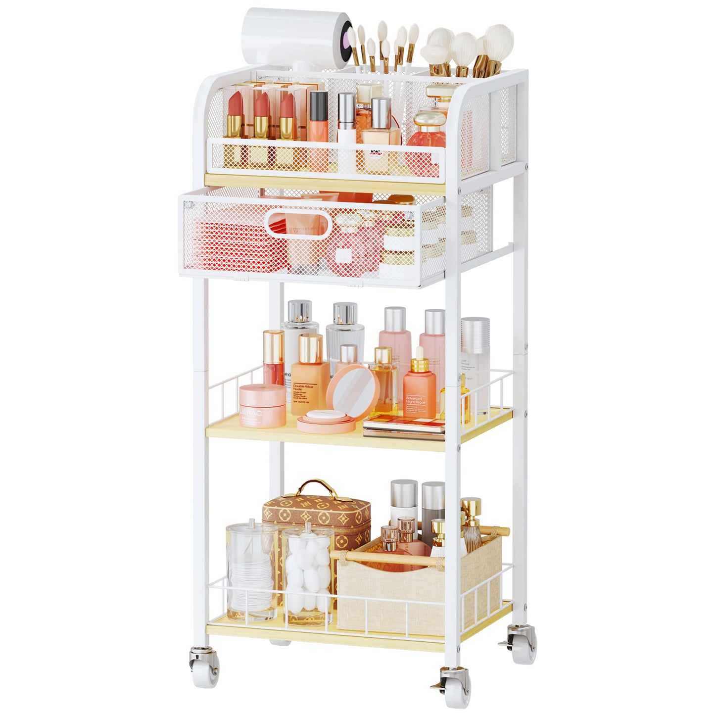 HapiRm Makeup Organizer Storage Cart - 4 Tier Skincare Make Up Storage with Drawer, Rolling Makeup Cart Vanity Organizer Cosmetics Display Cases Holder for Skin Care Perfume Nail Polish Brush