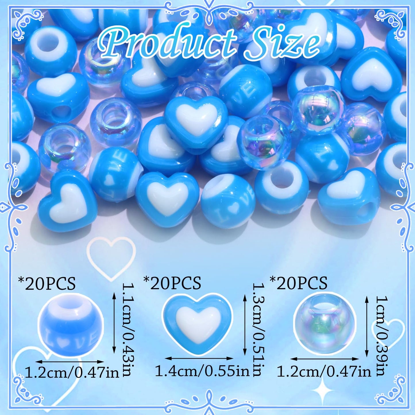 NAISKA 60Pcs Blue Hair Beads Heart Dreadlock Jewelry Bead Round Clear Braids Beads Hair Decoration Cute Hair Accessories