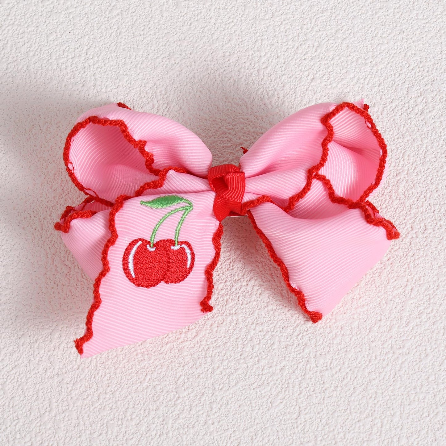4" Red Cherry Fruit Hair Bow Clips 2PC Pink Embroidered Grosgrain Ribbon Bowknot Alligator Clip for Teen Girls Women Birthday Party Dress Summer Outfit Decor Accessory Gift