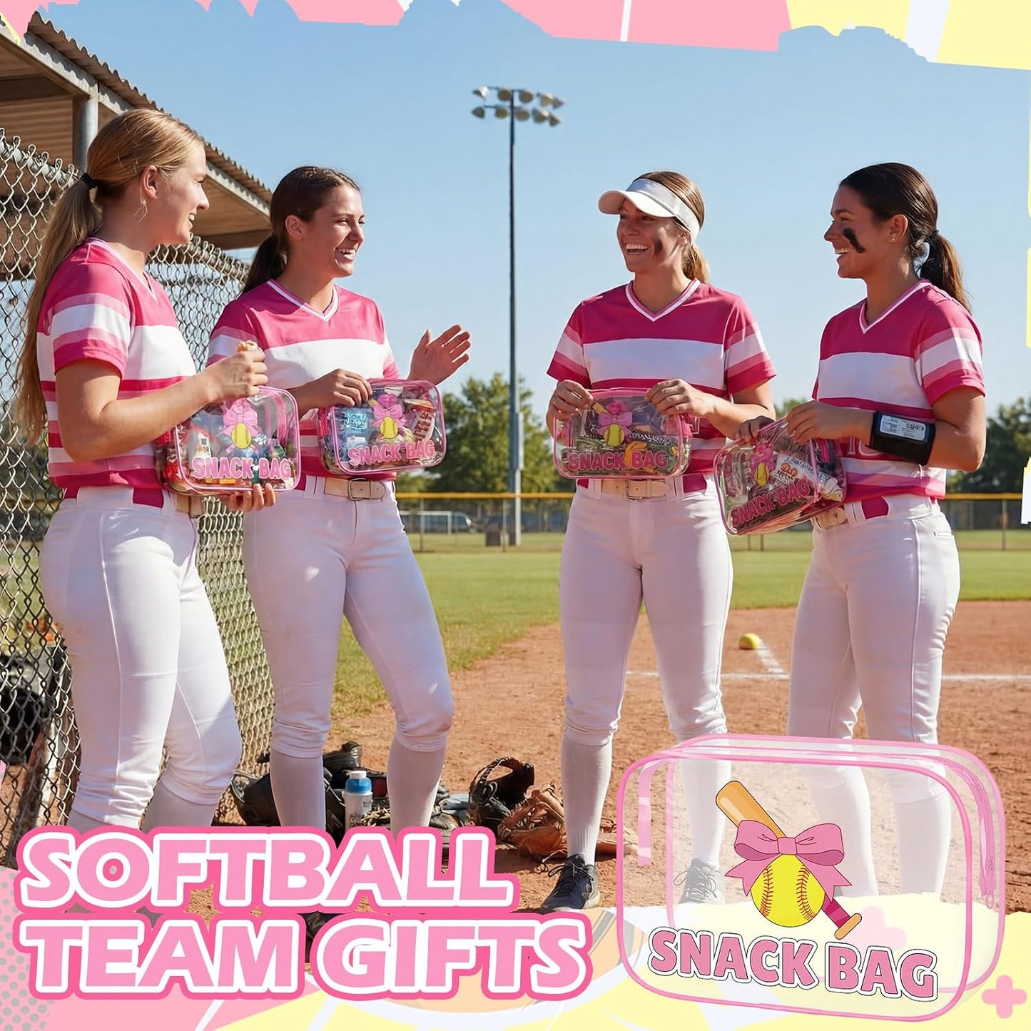 Softball Party Favors - 12 Pink Bow Snack Bags for Girls | Goodie Bags for Birthdays & Back to School, 7.09 x 4.72 x 2.36 Inch