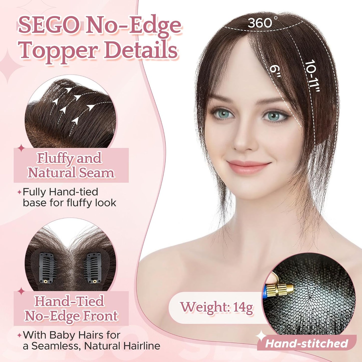 Real Human Hair Toppers for Women - Hand-Tied Clip-In Hairpieces with Side Bangs | 11-Inch Dark Brown