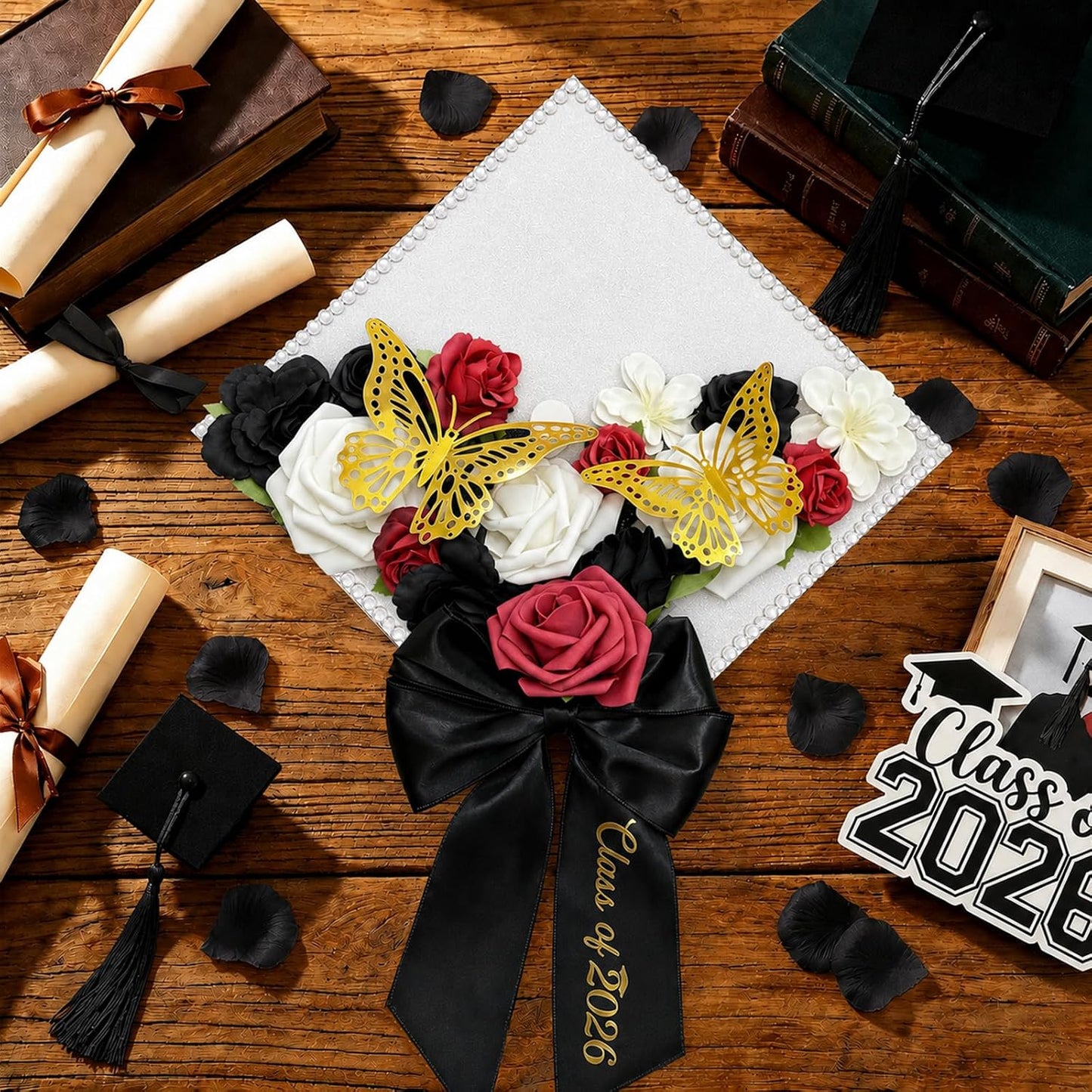 Graduation Cap Bow - Class of 2026 Satin Ribbon Hair Accessory | Black Embroidery Decor