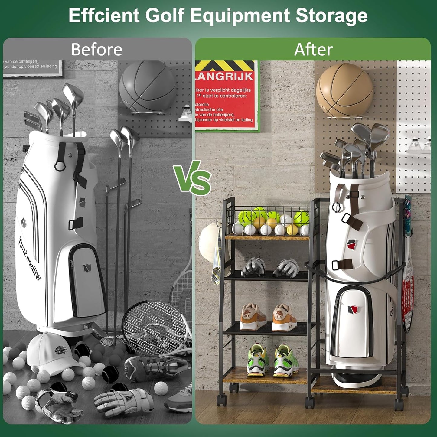 Golf Bag Storage Rack with Wheels - Organizer for Single Bag & Accessories | Sturdy Wood & Metal Construction (Black)