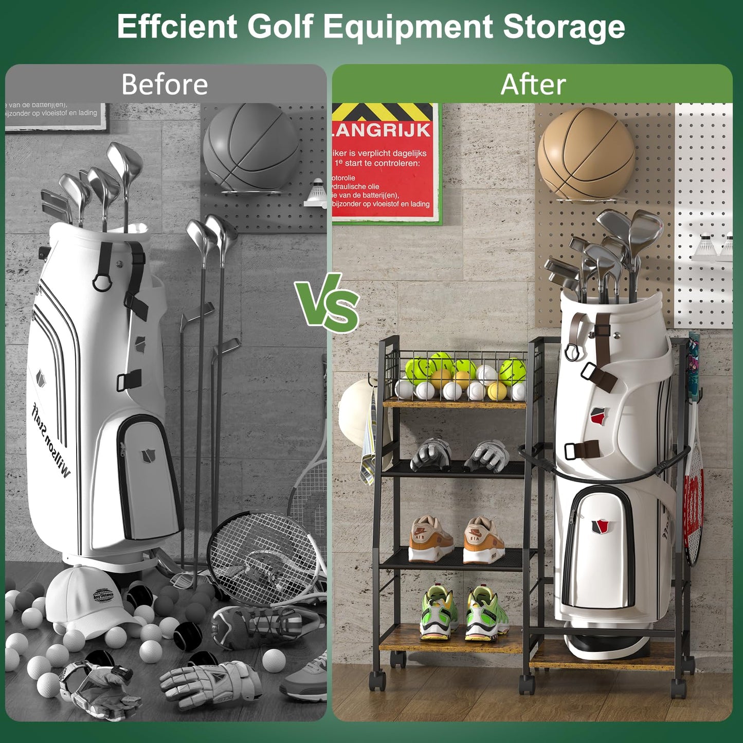 DAOUTIME Golf Bag Garage Storage Rack with Wheels, Organizer for Single Golf Bag and Equipment Accessories, Ideal for Home, Garage, Club, Shed, Basement - Sturdy Wood and Metal Construction (Black)